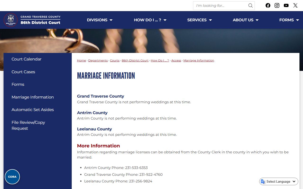 Grand Traverse County Clerk marriage information records page