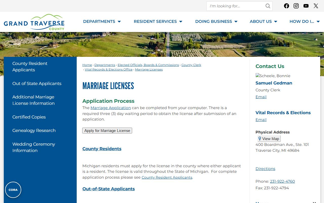 Grand Traverse County Clerk marriage license application records page