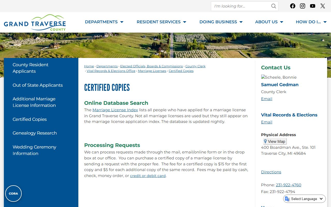 Grand Traverse County Clerk certified copy request records page