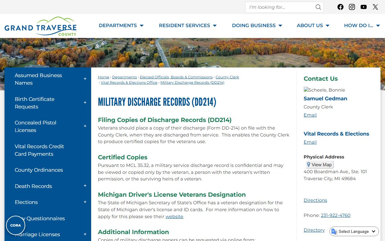 Grand Traverse County Clerk military discharge DD214 records page