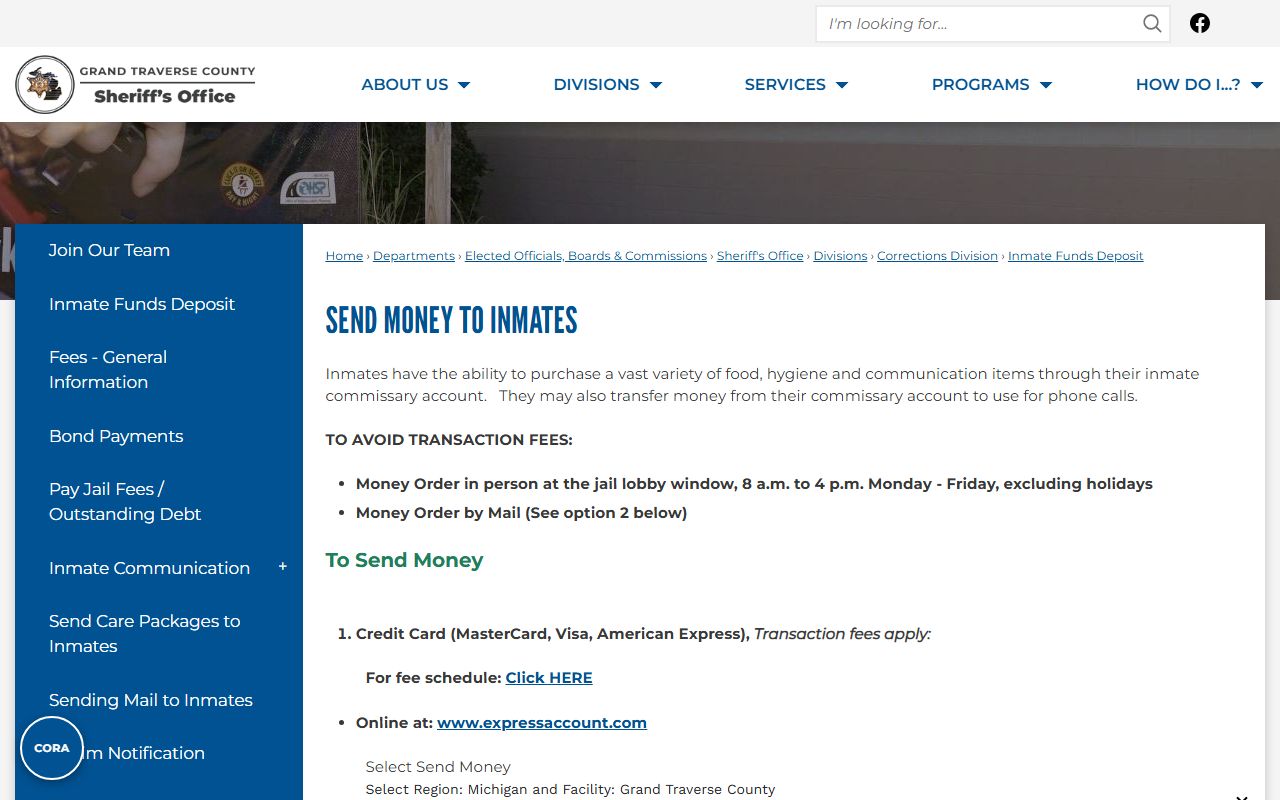 Grand Traverse County court dockets inmate funds deposit page