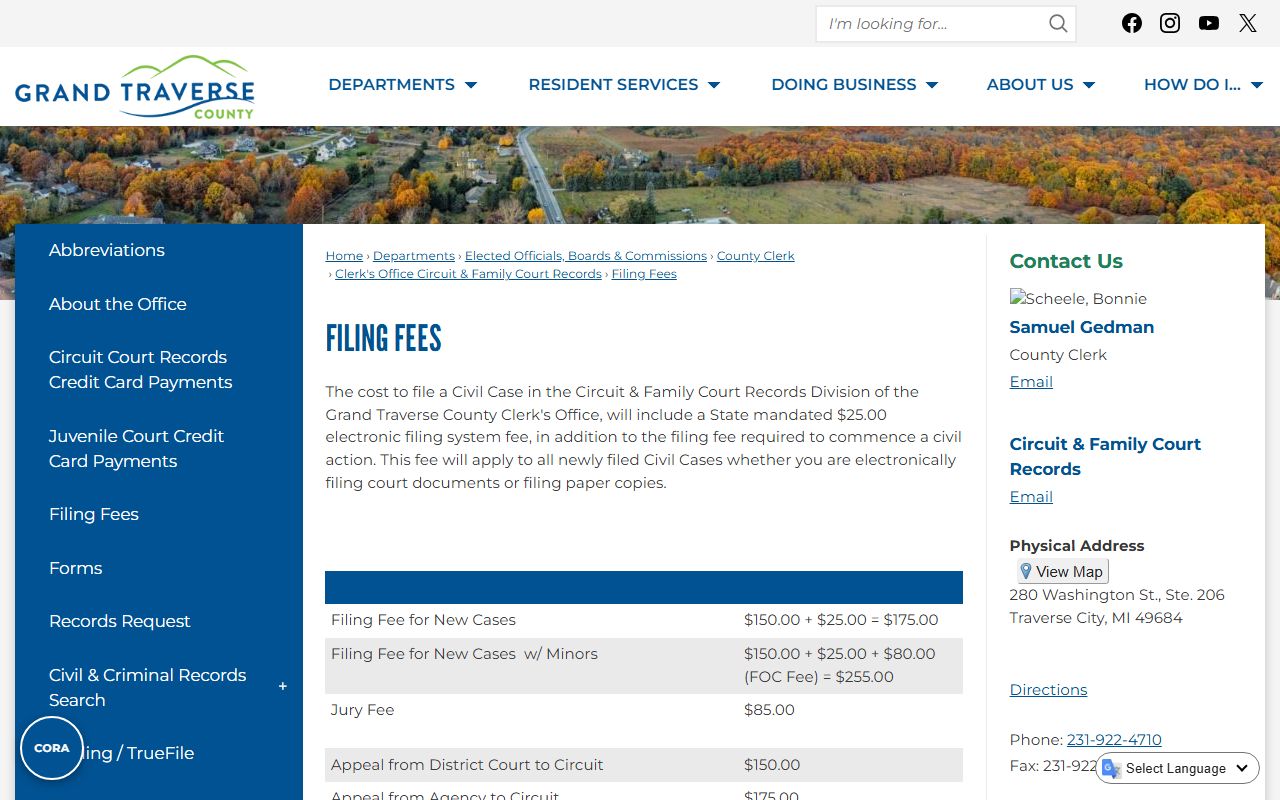 Grand Traverse County court records civil filing fees page