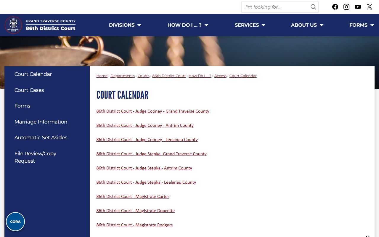 Grand Traverse County court records calendar display links