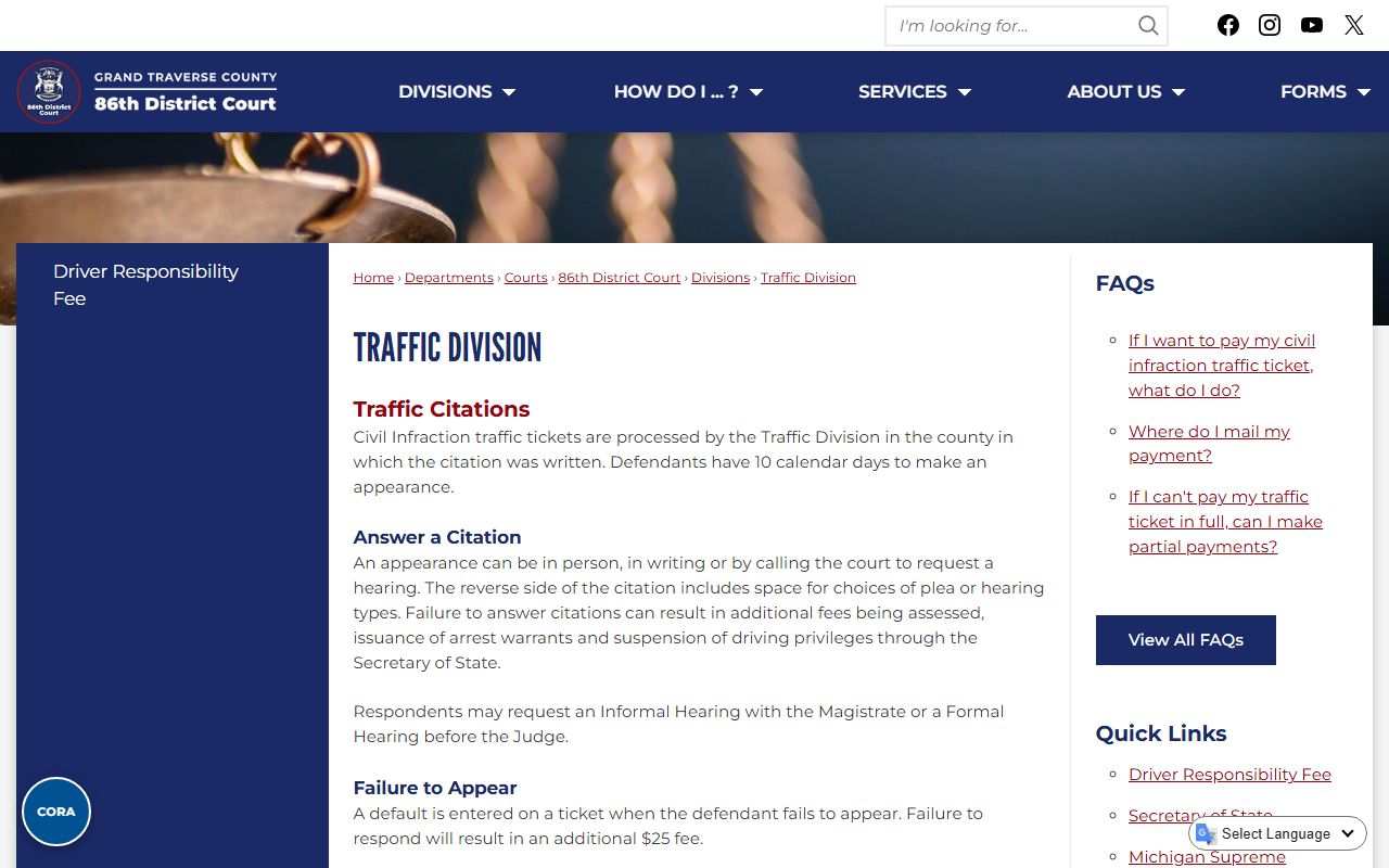 Grand Traverse County traffic court records division page