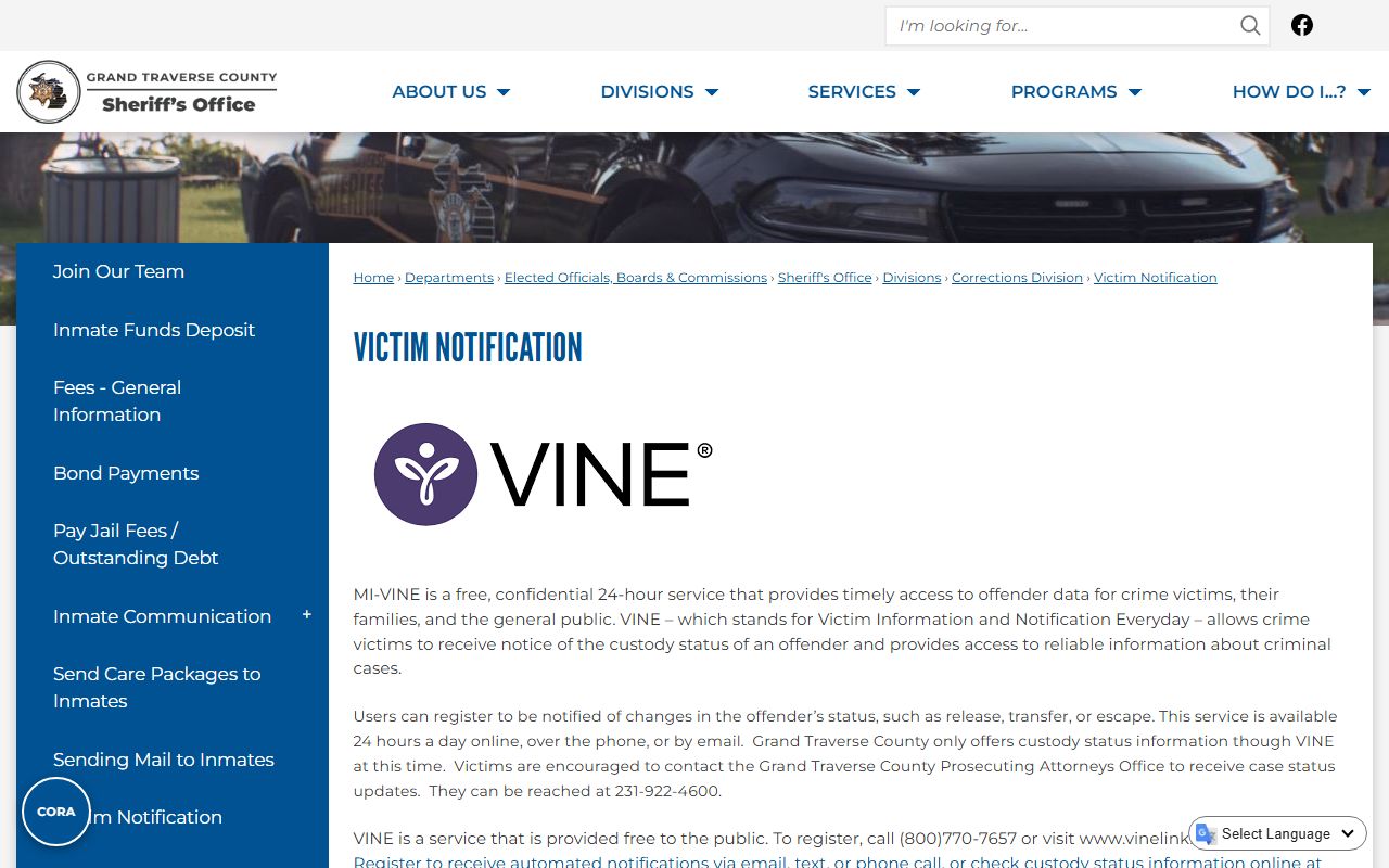 Grand Traverse County criminal court records victim notification page