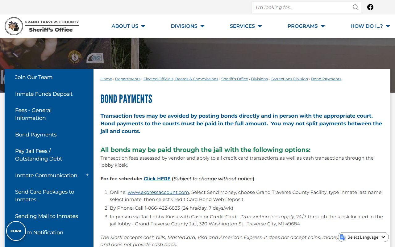 Grand Traverse County criminal court records bond payments page