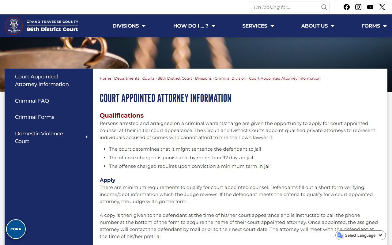 Grand Traverse County criminal court records court-appointed attorney page