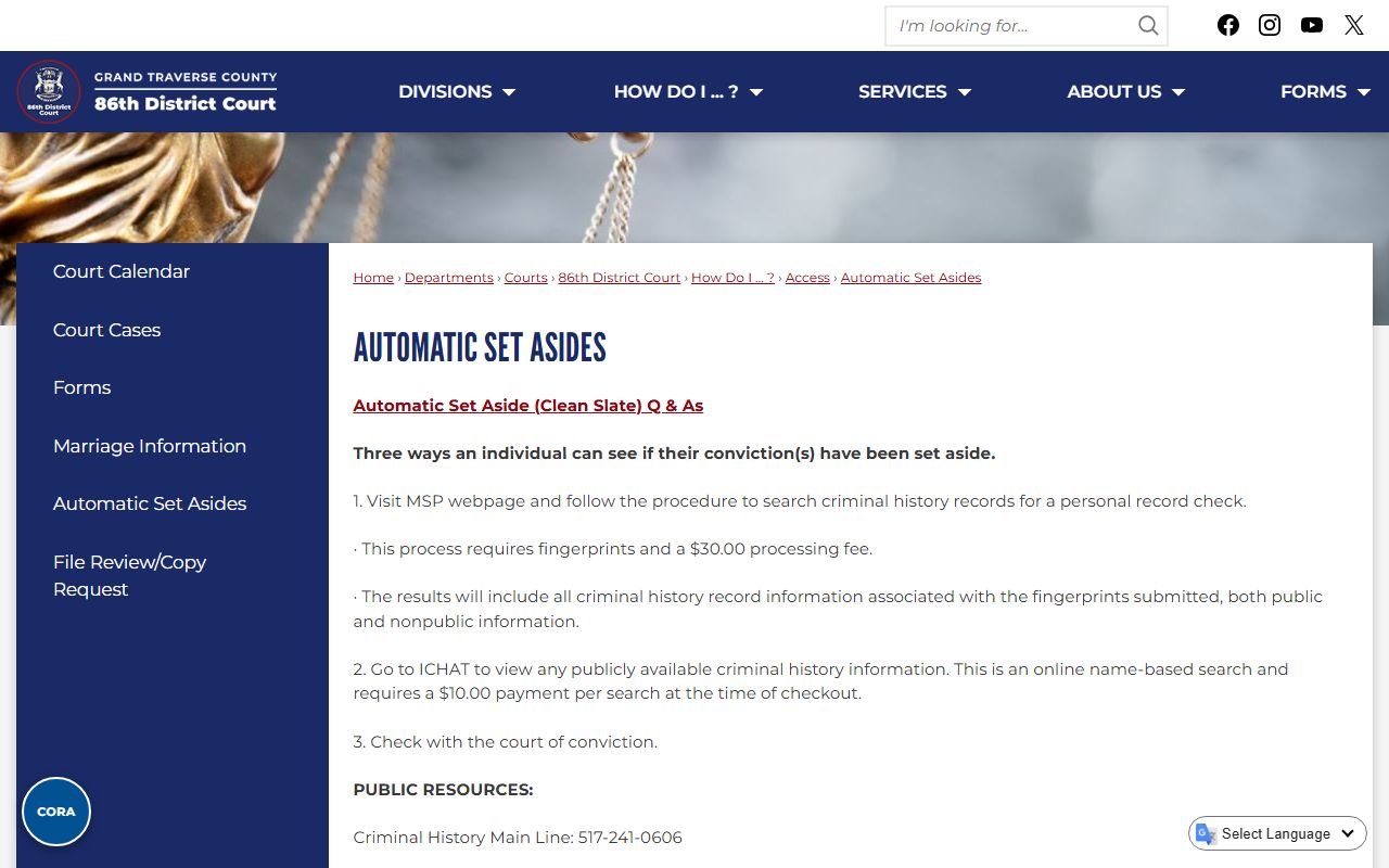 Grand Traverse County Circuit Court automatic set-aside records page