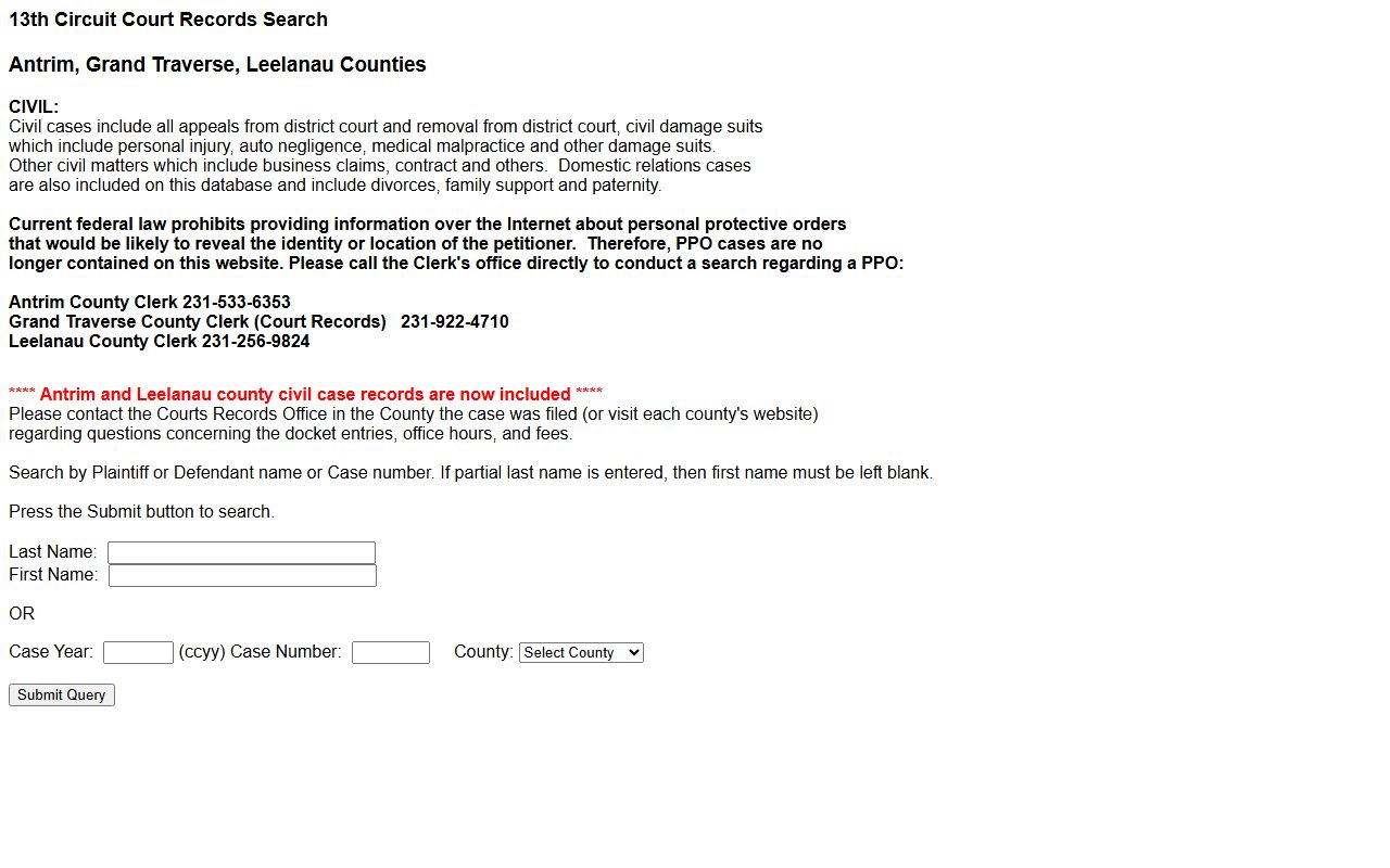 Grand Traverse County civil court records search form