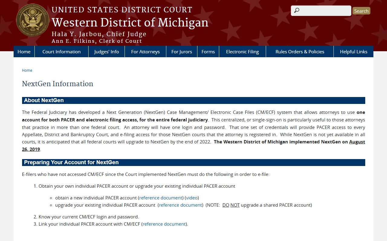 PACER and NextGen access for Grand Traverse County inmate records and federal jail cases