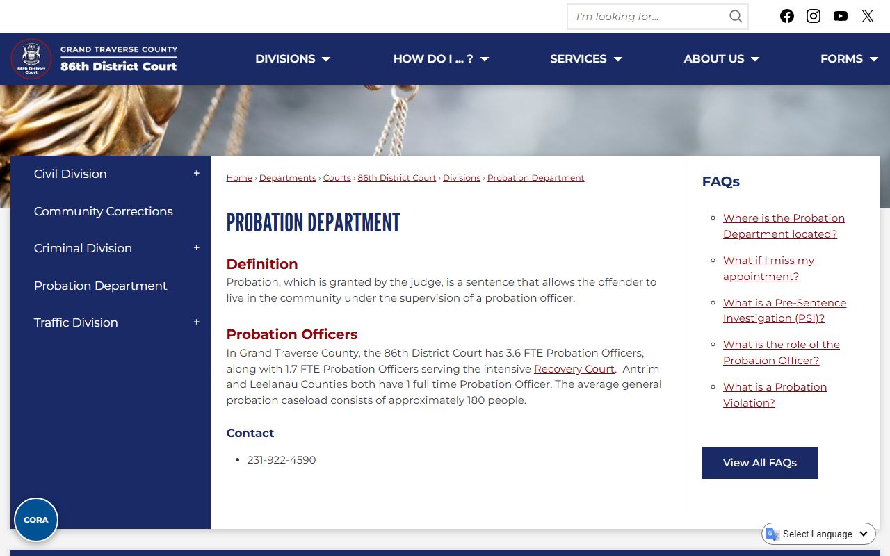 Grand Traverse County traffic court records probation department page
