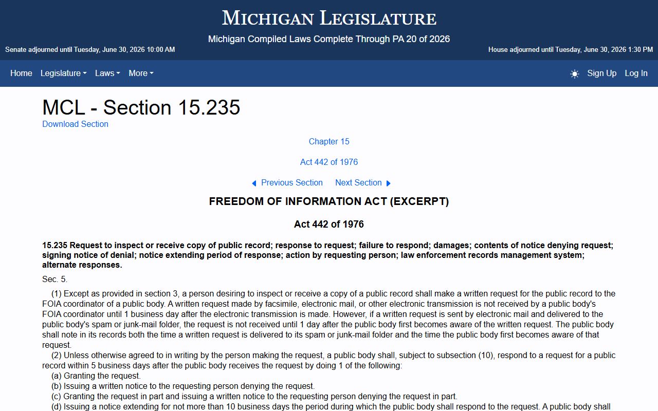 Michigan FOIA statute page for Grand Traverse County warrant records requests
