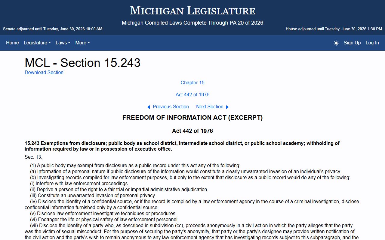 Michigan FOIA exemptions statute affecting Grand Traverse County warrant record requests