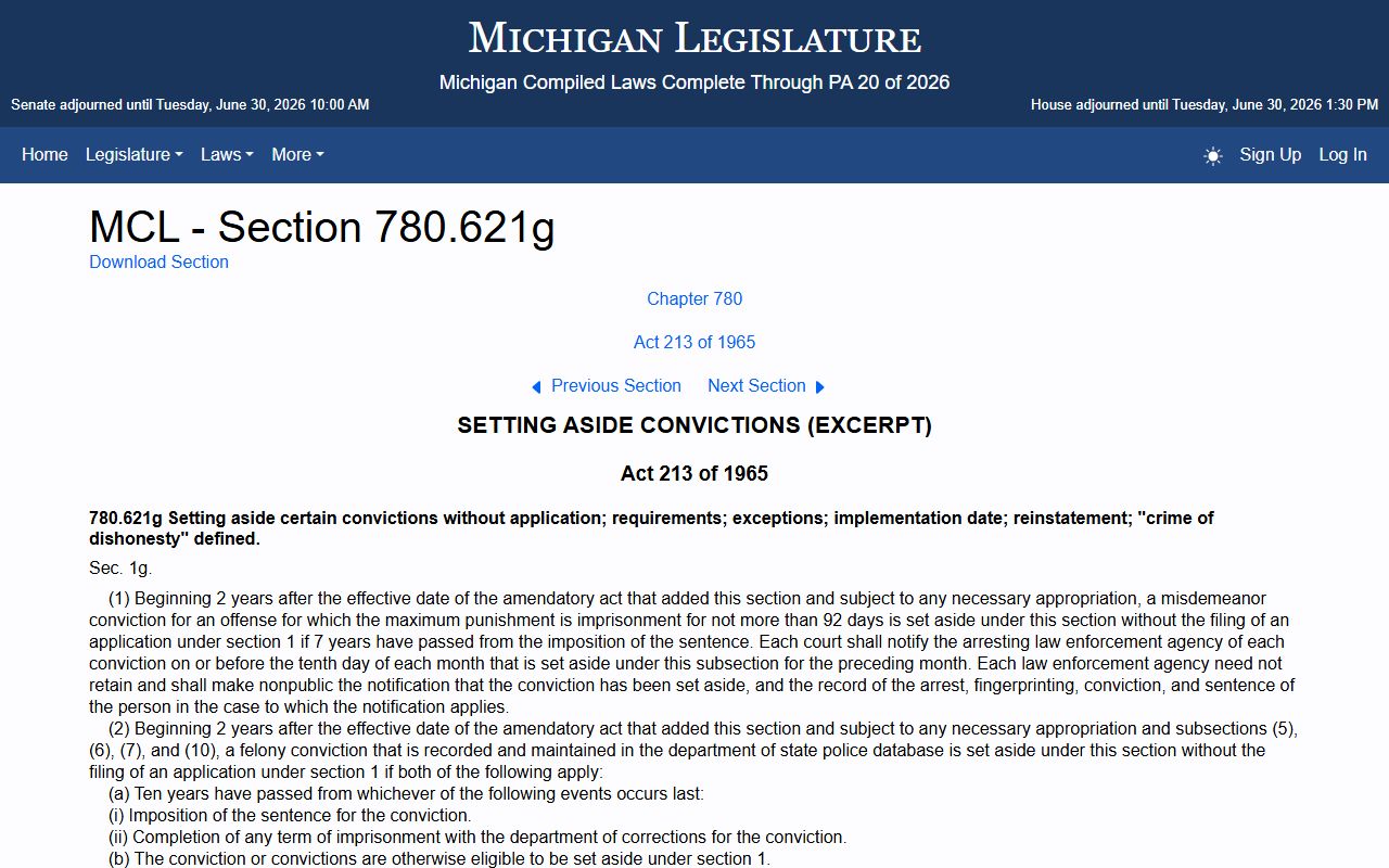 Michigan automatic set-aside statute page relevant to Grand Traverse County warrant and criminal records
