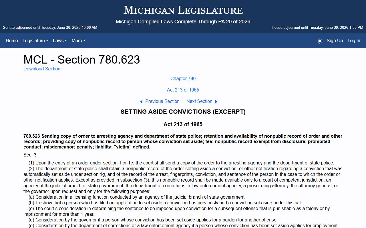 Michigan set-aside procedures statute for Grand Traverse County criminal and warrant records
